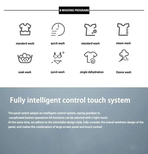 8 washing programs displayed for 1Kg Portable Mini Washing Machine Featuring High Temp Boil Mode And Fully Automatic Controls.