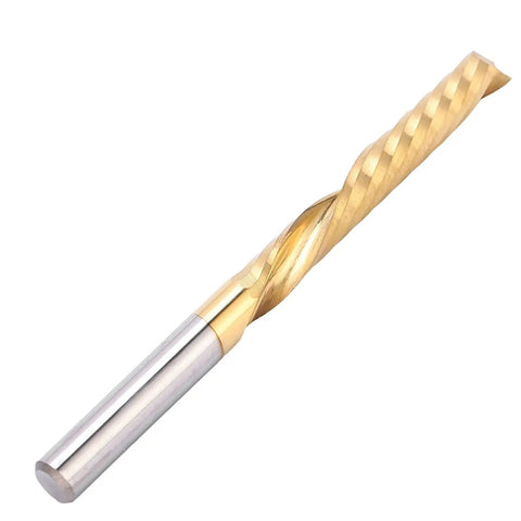 Five Piece Spiral End Mills Set, Single Flute HSS 4x28x50mm With Coating For CNC Milling Machines, showing gold polished end mill