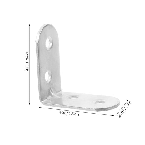 Stainless Steel L Bracket Corner Desk Connector with easy install, compact design, dimensions shown, for desk and shelf support.