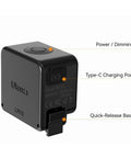 Dope Mini LED Vlogging Light For Action Cameras With 12 LEDs, Magnetic Mount, showing power button and charging port.