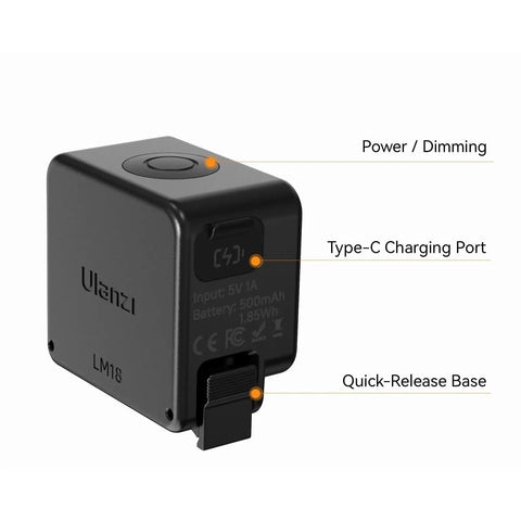 Dope Mini LED Vlogging Light For Action Cameras With 12 LEDs, Magnetic Mount, showing power button and charging port.