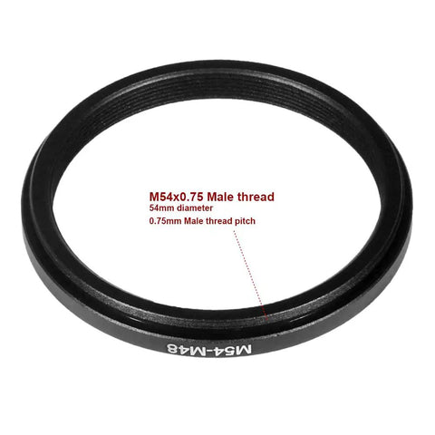 Aluminum M54 To M48 Step Down Adapter Ring For Lens Filters And Telescopes Converts 54mm 0.75 Pitch To 48mm 0.75 Pitch Lightweight 10g Black Finish Perfect For Astrophotography Camera And Telescope Accessories, showing M54 male thread side.