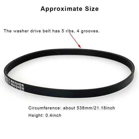 Bulletproof Washer Drive Belt Replacement Part Premium Rubber For Front Load And Top Load Washers Easy Install Fixes Spin Problems Noisy Operation Burning Smell Fits Common US Brands And Similar Models; 5 ribs, 4 grooves, 538mm