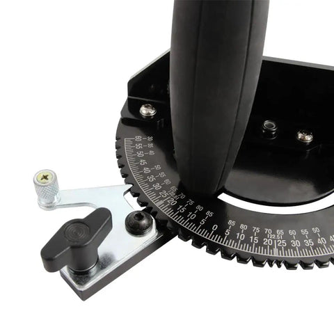 Close-up of Universal Table Saw Miter Gauge Assembly with heavy duty steel build, ergonomic handle, and precision angle markings.