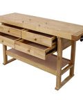 64.5 Inch Heavy Duty Rubber Wood Workbench With 4 Storage Drawers Adjustable Vise Solid Wood Work Table side view