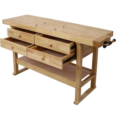 64.5 Inch Heavy Duty Rubber Wood Workbench With 4 Storage Drawers Adjustable Vise Solid Wood Work Table side view
