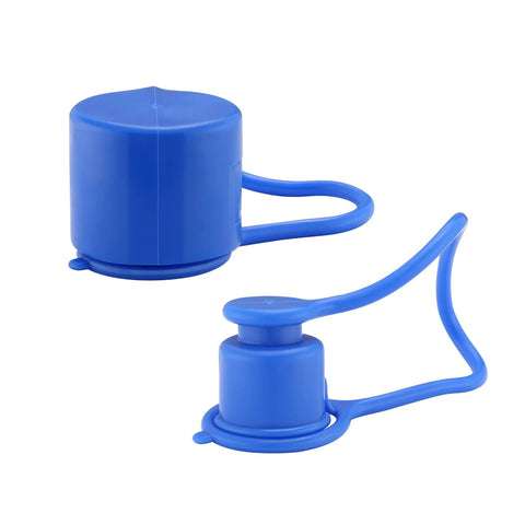 Two blue plastic dust caps for 1/2-inch flat-face hydraulic quick-connects with tether