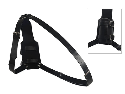 Medieval Leather Back Sword Shoulder Frog With Adjustable Sheath Holster, handcrafted leather, black, showing belt attachment details