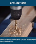Drilling wood with 29 Pieces HSS Twist Drill Bit Set Featuring Black And Gold Finish Jobber Length For Cutting Steel Wood Plastic Aluminum.