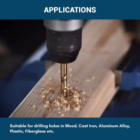 Drilling wood with 29 Pieces HSS Twist Drill Bit Set Featuring Black And Gold Finish Jobber Length For Cutting Steel Wood Plastic Aluminum.