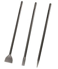 Three 24-inch SDS Max masonry chisels laid diagonally: flat, point, and scaling chisels in steel