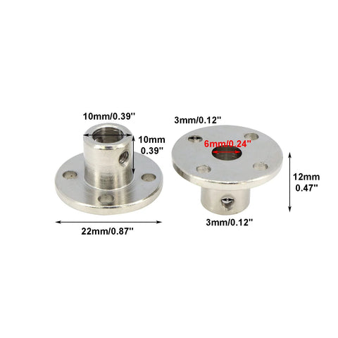 Two silver flange shaft couplers with mounting holes; left 10mm bore, 22mm flange diameter; right 6mm bore and 3mm shaft.