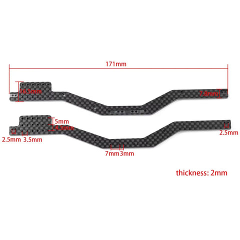 Carbon Fiber RC Car Chassis Frame Rails Upgrade For Wrangler Gladiator And Bronco 1 24 Scale with measurements shown