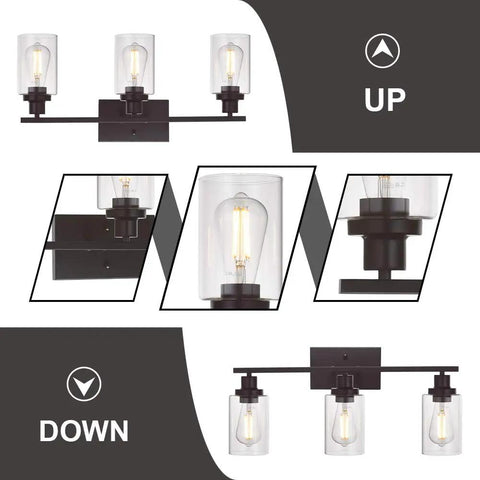 Three Light Vanity Light In Oil Rubbed Bronze, Industrial Wall Sconce With Clear Glass Shades For Bathroom Bedroom Porch Kitchen Living Room.