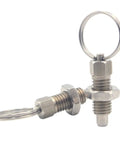 Five Piece Heavy Duty Stainless Steel Index Plunger Set With Chunky Hex Knobs And Easy Grip Pull Up Screw Thread For Garage Cabinets And Job Site Gear close-up showing durable stainless steel construction and hex knobs.