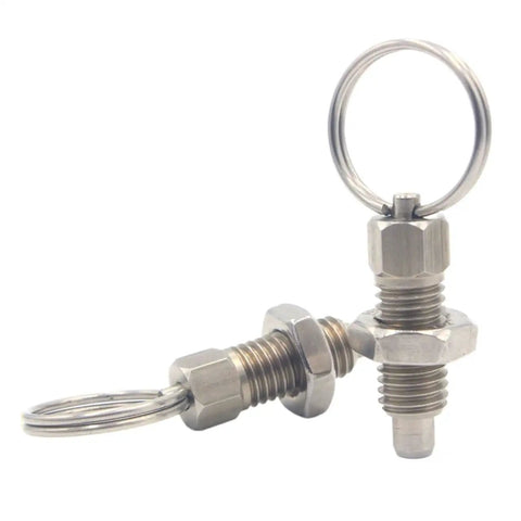 Five Piece Heavy Duty Stainless Steel Index Plunger Set With Chunky Hex Knobs And Easy Grip Pull Up Screw Thread For Garage Cabinets And Job Site Gear close-up showing durable stainless steel construction and hex knobs.
