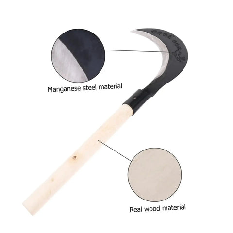 Long Handle Hand Scythe For Weeding And Cultivation Heavy Duty Manganese Steel Garden Tool with wood handle details
