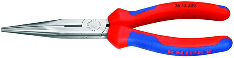 Pro Grade Three Piece Pliers Set For Pros Long Needle Nose Pliers in forged steel with red and blue comfort grip handle.