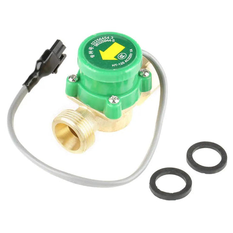 Flow Sensor Switch for Water Pump With G3/4 Inch Thread AC 220V 1A Low Water Pressure Use showing green top and brass connection
