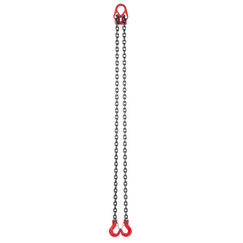 Heavy Duty Chain Sling 5/16 In By 10 Ft With Two Leg Grab Hooks, G80 Alloy Steel Lifting Sling with red hooks and chains visible.