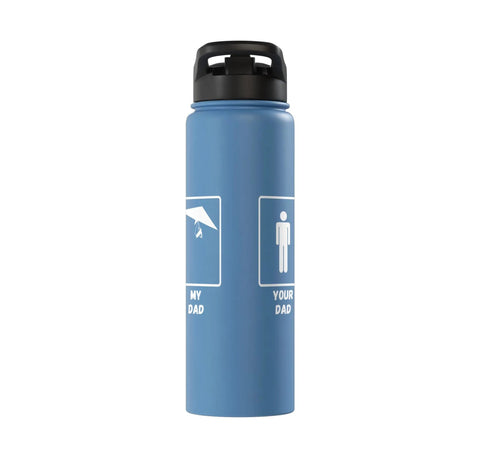 Blue stainless steel insulated water bottle with hang glider graphic for dads who live for adrenaline, perfect for cloud chasers.
