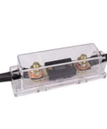 Rock Solid Sixty Amp Anl Fuse Kit With Holder showing clear protective cover, copper terminals, and wiring for vehicle electrical setups.