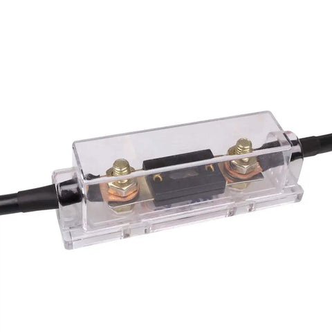 Rock Solid Sixty Amp Anl Fuse Kit With Holder showing clear protective cover, copper terminals, and wiring for vehicle electrical setups.