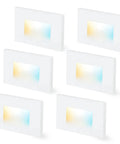 Pack of 6 dimmable 3 color LED indoor outdoor step lights in white finish, 3000K-5000K, downward lighting