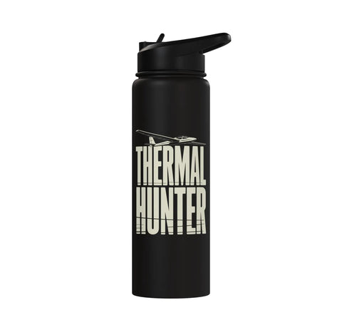 Black insulated stainless steel water bottle for sailplane pilots and glider fans, tough thermal hydration bottle for thermal soaring.