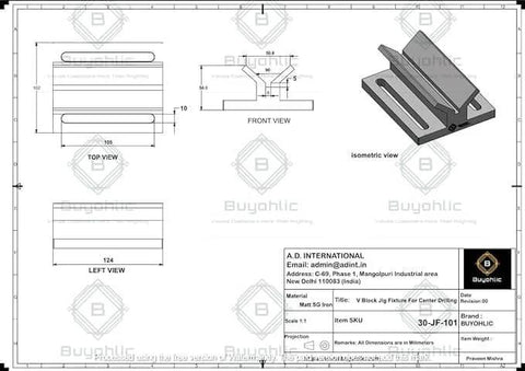 Technical drawing of V Block Jig Fixture for Center Drilling Round Workpieces with isometric view and dimensions