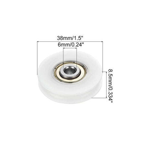 U Groove Pulley Wheel 6x38x8.5mm Set Of 6 Nylon Bearing Guide Rollers For Sliding Doors Drawers Windows Conveyor Tracks And Mechanical Hardware White measures 38mm, 6mm, 8.5mm