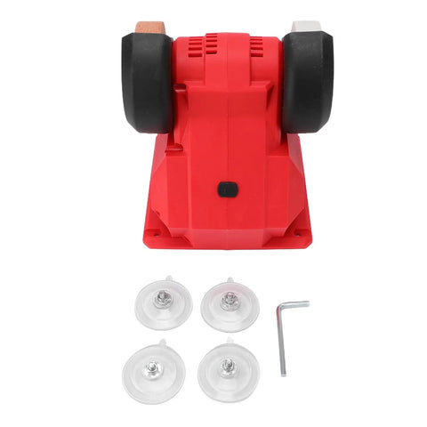 No Nonsense Cordless Bench Grinder Packing 5500 RPM And 70mm Dual Wheels, red mini tool with accessories and suction cups.