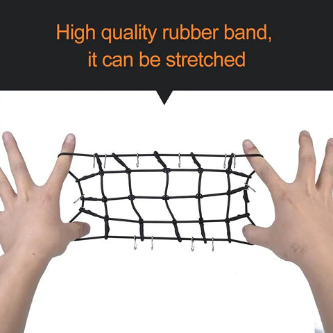 Hands stretching a rubber luggage net for 9 In 1 RC Crawler Roof Decoration Kit With Wood Box Luggage Net Fuel Box Shovel For 1 To 10 Scale Crawlers Compatible With Traxxas TRX4 Redcat GEN7 Axial SCX10 RC4WD D90 Build Realistic Wood Box And Luggage Net For Tough Trails