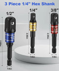 Heavy Duty 3 Piece Impact Socket Adapter Set With One Quarter Inch Hex Shank Chrome Vanadium Steel Drill Extension Includes One Quarter Inch Three Eighth Inch And One Half Inch Drive Adapters With Storage Holder Workhorse