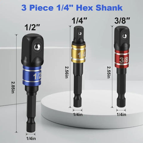 Heavy Duty 3 Piece Impact Socket Adapter Set With One Quarter Inch Hex Shank Chrome Vanadium Steel Drill Extension Includes One Quarter Inch Three Eighth Inch And One Half Inch Drive Adapters With Storage Holder Workhorse