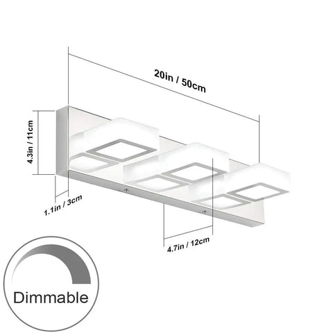 Dimmable LED Vanity Light Three Light Modern Acrylic Stainless Steel Fixture For Bathroom Vanity With Easy Wall Dimmer Switch And Slick Contemporary Style, dimensions visible