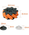 Mecanum wheel with orange rollers and dark gray hub; 64.5mm diameter, 30.4mm tall, with gray coupling plate and white spacer.