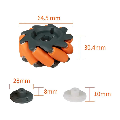Mecanum wheel with orange rollers and dark gray hub; 64.5mm diameter, 30.4mm tall, with gray coupling plate and white spacer.