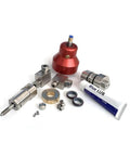 Front view of AS JOD100 waterjet dump valve with red anodized body, stainless fittings, seals, and grease tube (spare parts kit)