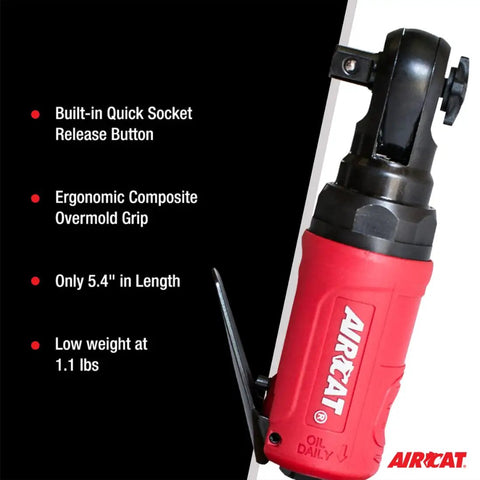 Palm Size Pneumatic Mini Ratchet With Three Eighths Inch Drive 300 RPM 35 Ft Lbs Max Torque Ergonomic Air Ratchet