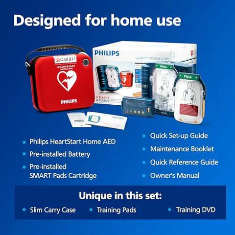 Philips HeartStart Home AED defibrillator kit with red carry case and training pads cartridge