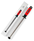 10 Inch Diamond Knife Sharpener Rod For Kitchen And Outdoor Knives Pro Grade For Master Chefs Hunters And Home Gourmets Diamond Steel Sharpening Rod For Stainless And High Carbon Steel, shown with red handle and packaging