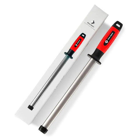10 Inch Diamond Knife Sharpener Rod For Kitchen And Outdoor Knives Pro Grade For Master Chefs Hunters And Home Gourmets Diamond Steel Sharpening Rod For Stainless And High Carbon Steel, shown with red handle and packaging