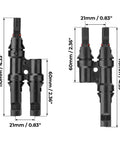 Heavy Duty Solar Y Branch Connector Kit For Paralleling Panels M To FF And F To MM With 2 Pairs, dimensions shown