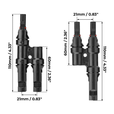 Heavy Duty Solar Y Branch Connector Kit For Paralleling Panels M To FF And F To MM With 2 Pairs, dimensions shown