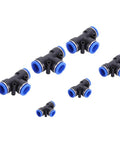 Push To Connect Pneumatic Fittings Kit, 35 Piece 3 Way Tee Union Set With 4mm To 16mm Sizes, black and blue connectors