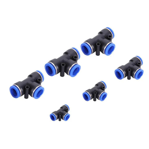 Push To Connect Pneumatic Fittings Kit, 35 Piece 3 Way Tee Union Set With 4mm To 16mm Sizes, black and blue connectors