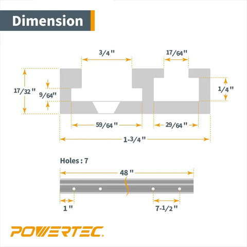 Diagram showing dimensions of Heavy-Duty 48 Inch All-In-One T-Track And Miter T-Track In One Aluminum Dual Track Extrusion