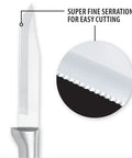 Close-up of Built Tough Serrated Paring Knife Duo featuring premium high carbon stainless steel blade with super fine serration.