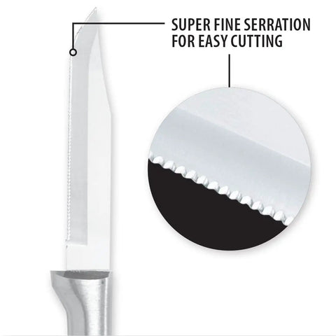 Close-up of Built Tough Serrated Paring Knife Duo featuring premium high carbon stainless steel blade with super fine serration.